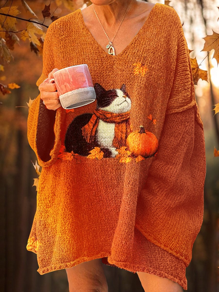 Women's Cat Autumn Maple Leaves Art Print V-Neck Knit Sweater