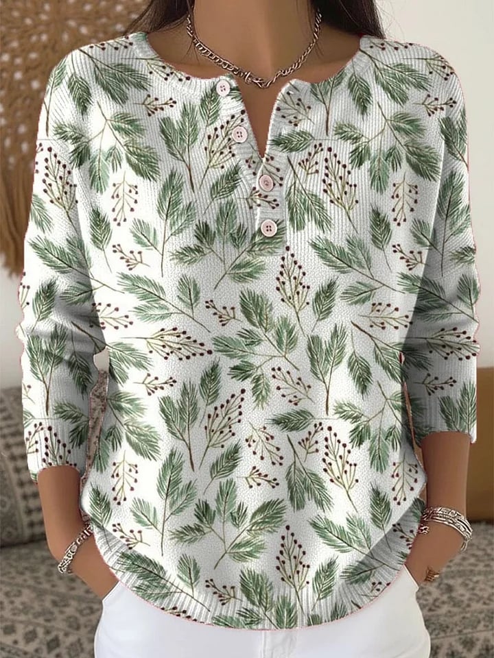 Women's Christmas Print Knit Button Top
