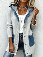 Women'S Casual Denim Contrast Color Stitching Hooded Jacket
