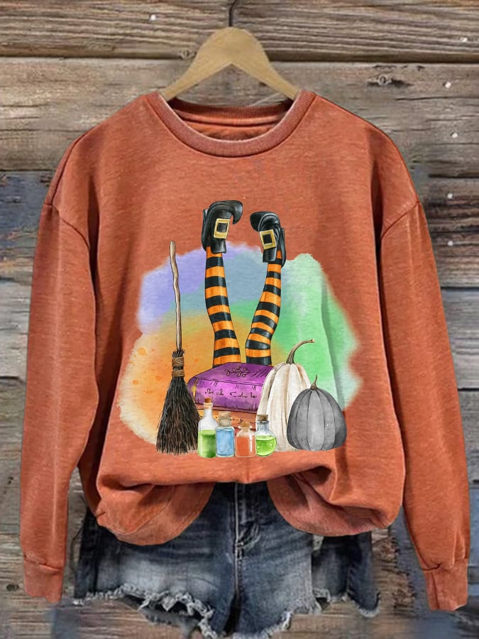 Women's Witch Print Round Neck Sweatshirt