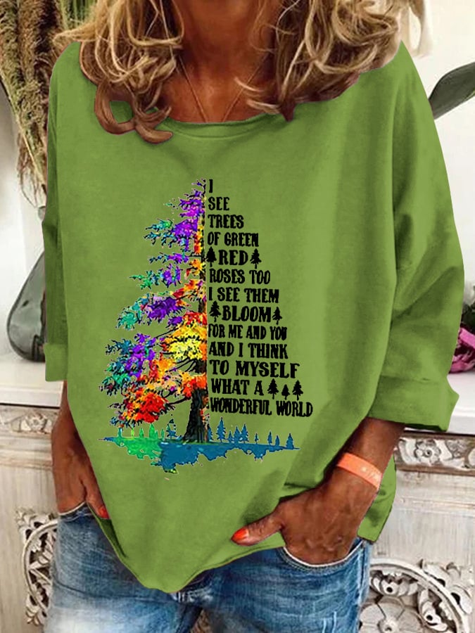 Retro Hippie Christmas I See Trees Of Green, Red Roses Too I See Them Bloom For Me And You And I Think To Myself What A Wonderful World Print Sweatshirt