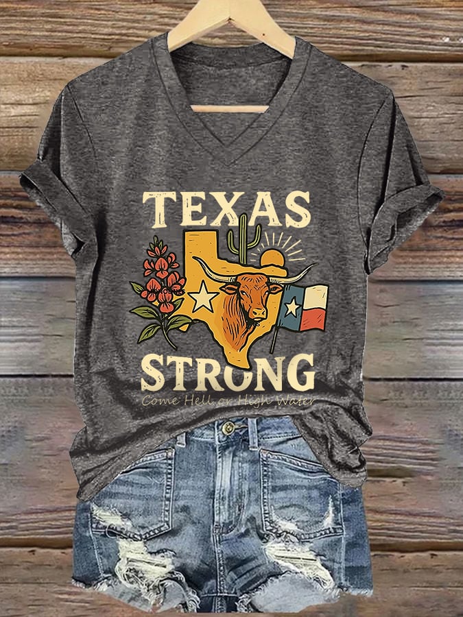 V-Neck Retro Texas Strong Come Hell Or High Water Print T-Shirt
