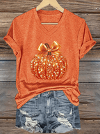 Women's Autumn Sequin Pumpkin Print V-Neck T-Shirt