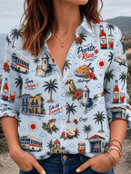Women's Puerto Rico Print Casual Collared Shirt