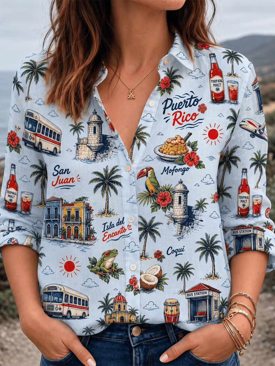 Women's Puerto Rico Print Casual Collared Shirt