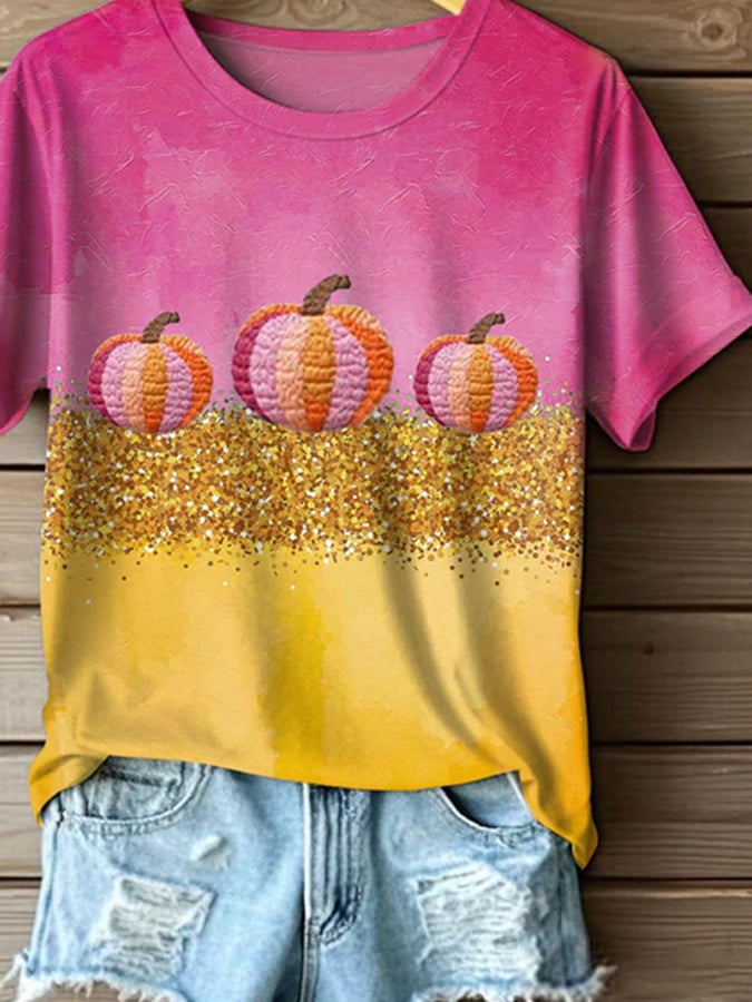Women's Autumn Gold Pumpkin Print T-Shirt