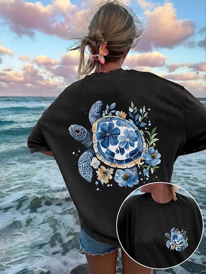 Retro Vacation Sea Turtle The Ocean Is Calling Print T-Shirt