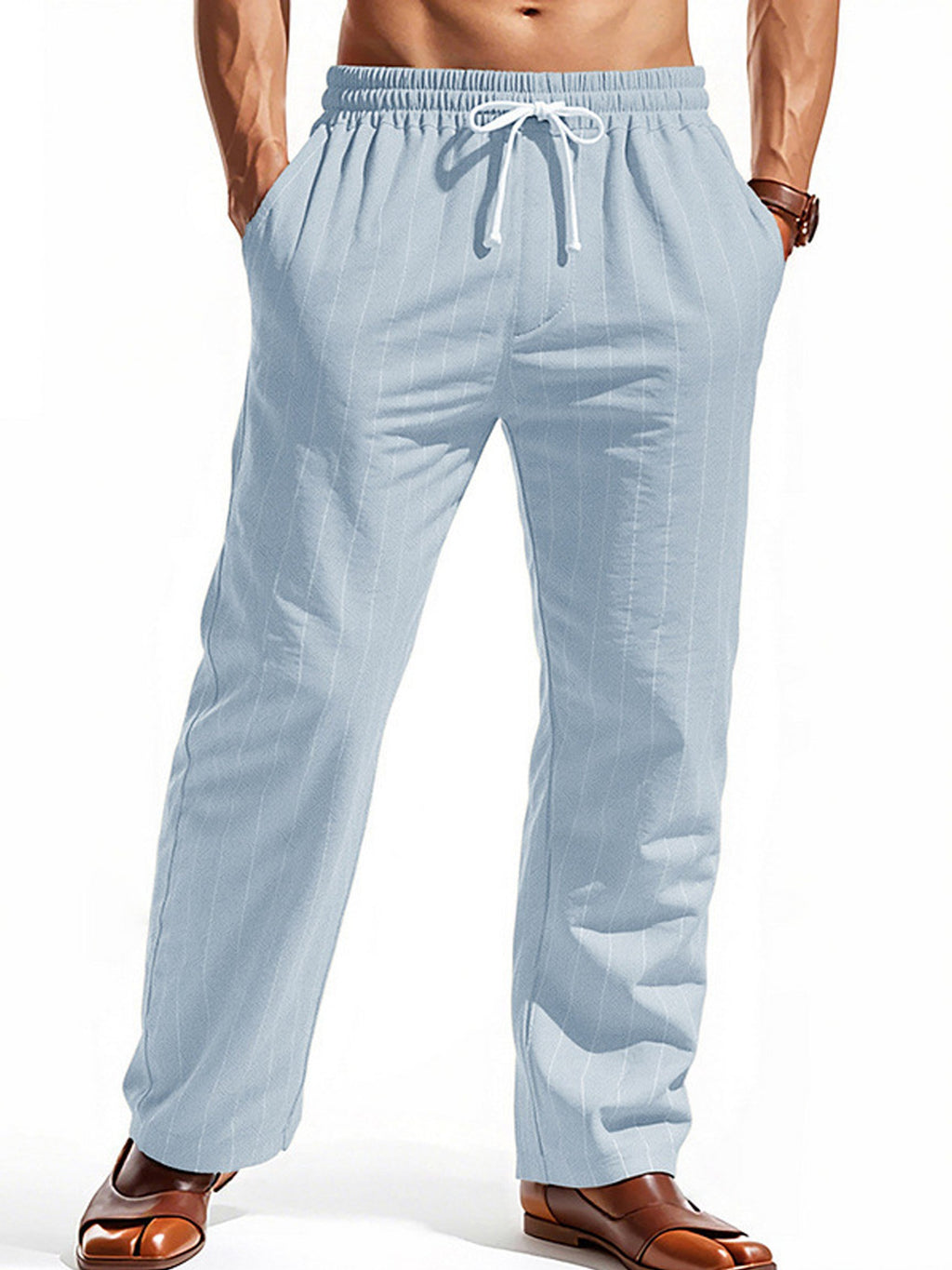 Men's Casual Cotton-Linen Breathable Pinstripe Drawstring Trousers