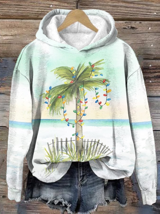 Retro Florida Christmas Watercolor Palm Tree Print Hoodie