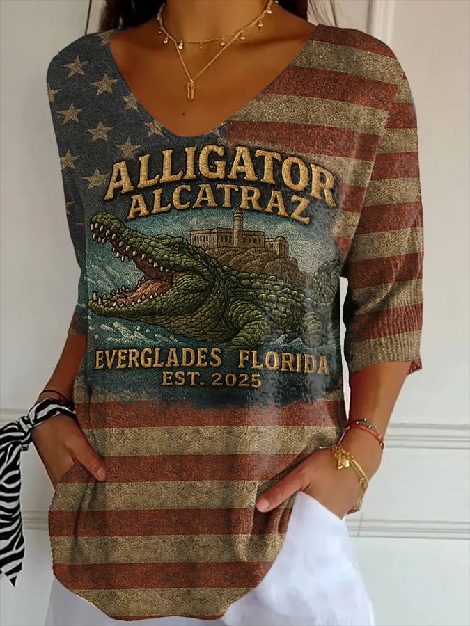 Women's retro casual crocodile island print striped T-shirt