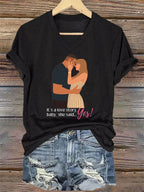 V-Neck Retro It’s A Love Story, She Said Yes Print T-Shirt