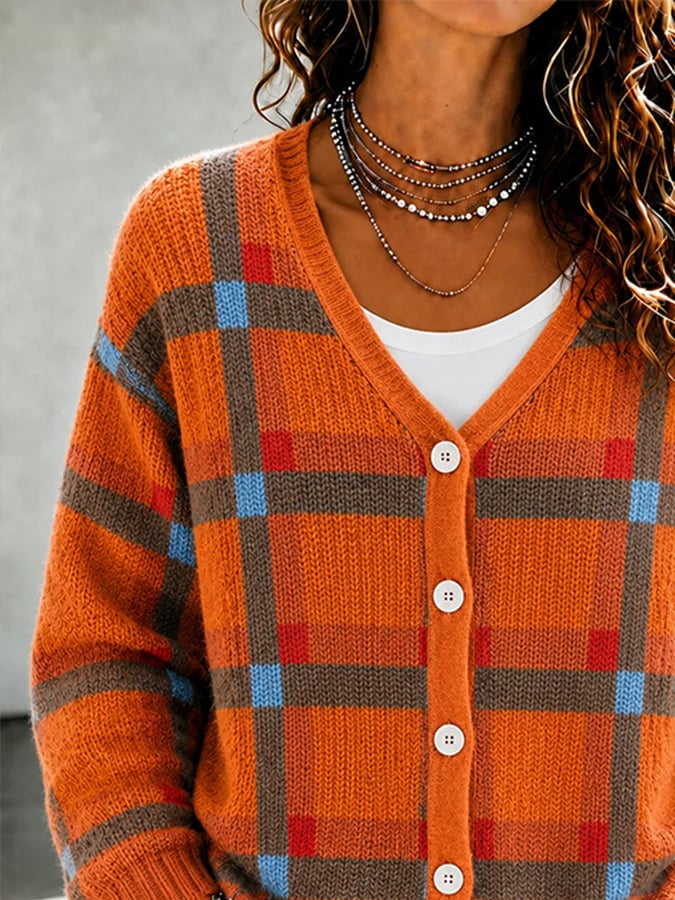 Women's Casual V-Neck Printed Long-Sleeve Cardigan