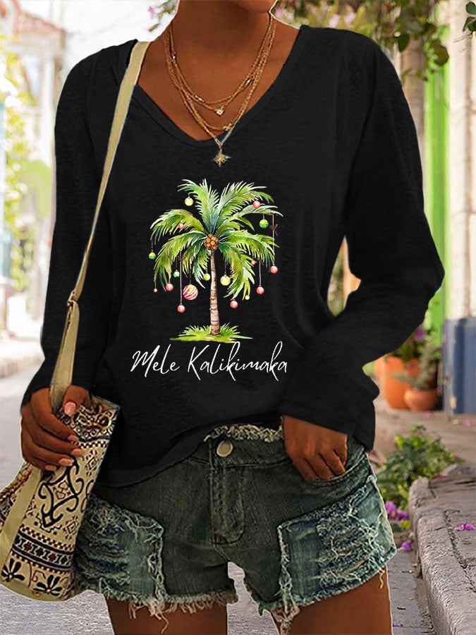 Women's Casual Mele Kalikimaka Printed Long Sleeve T-Shirt