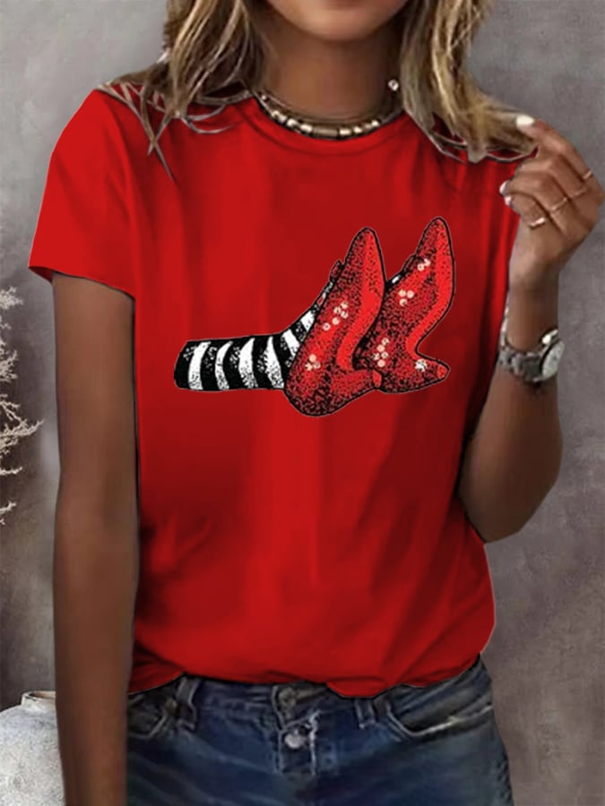 Women's Halloween Red Shoes Printed Casual T-Shirts