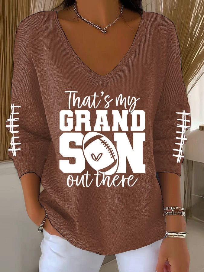Women's That's My Grandson Out There Football Print V Neck Sweater