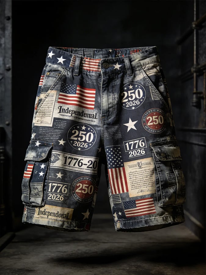 Men's Retro American 250th Anniversary Print Cargo Pants
