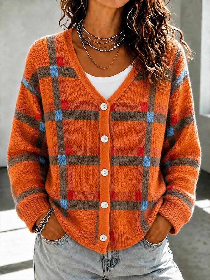 Women's Casual V-Neck Printed Long-Sleeve Cardigan