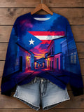 Puerto Rico Color Leisure Printed Long Sleeve Casual Top