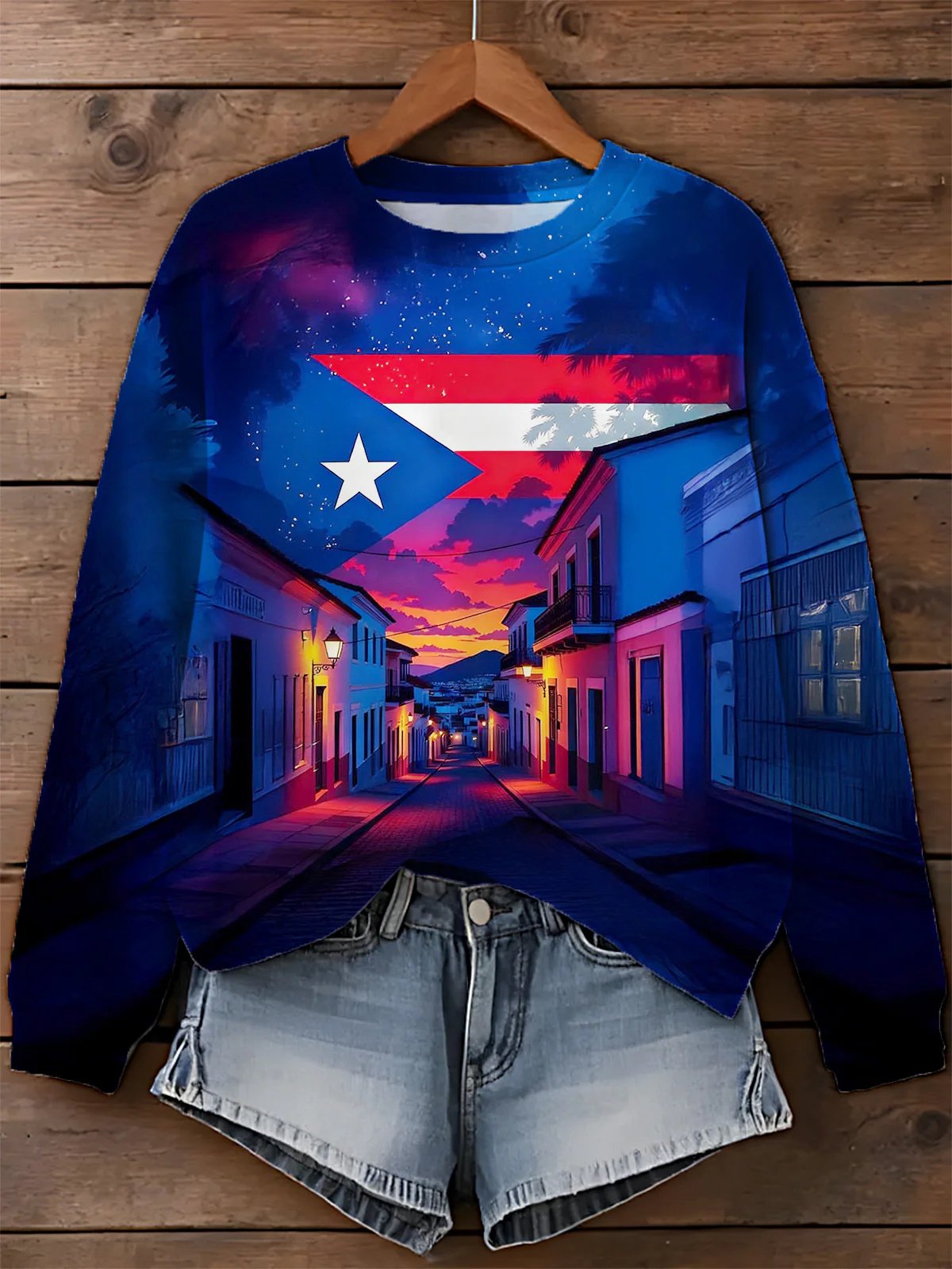 Puerto Rico Color Leisure Printed Long Sleeve Casual Top
