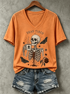Women's Halloween Dead Tired Print V Neck T-Shirt