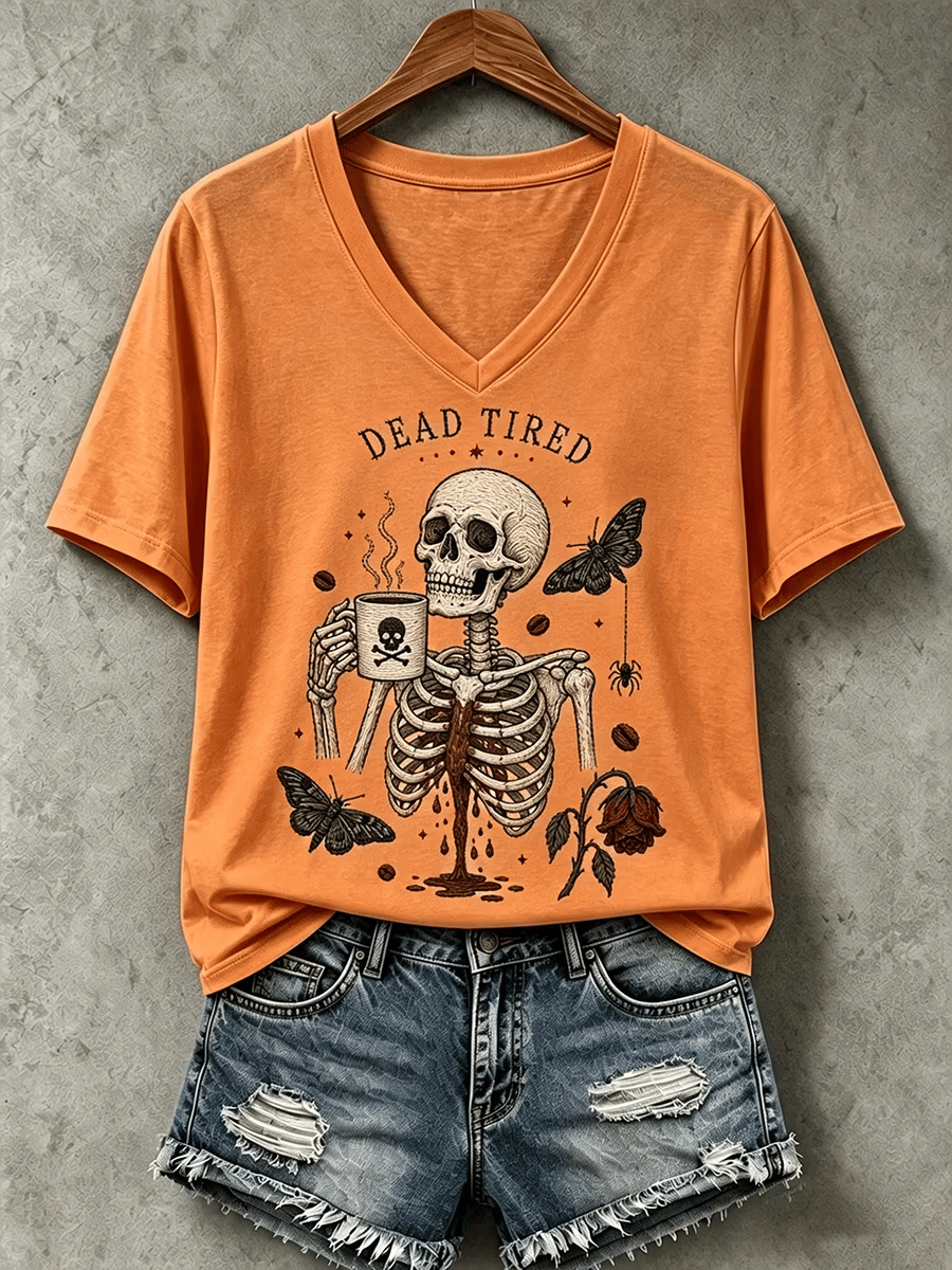 Women's Halloween Dead Tired Print V Neck T-Shirt