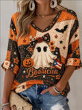 Women's Puerto Rico Halloween Print Graphic Waffle-Knit Casual T-Shirt