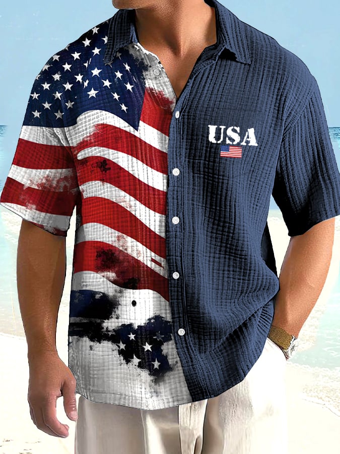 Men's Vintage Independence Day Flag Print Casual Shirt (With Pockets)
