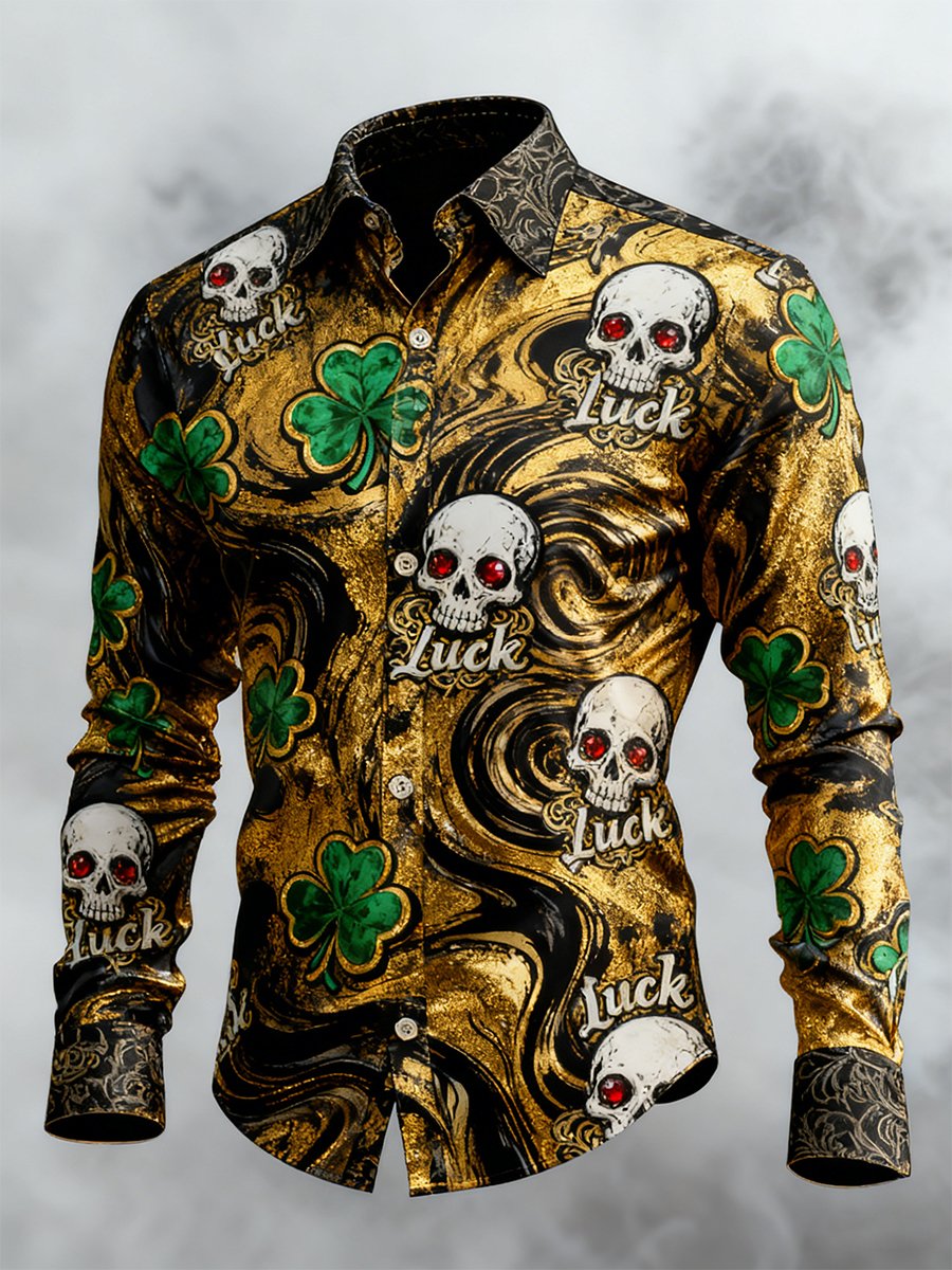 Men's Retro St. Patrick's Day Skull Long-Sleeved Shirt