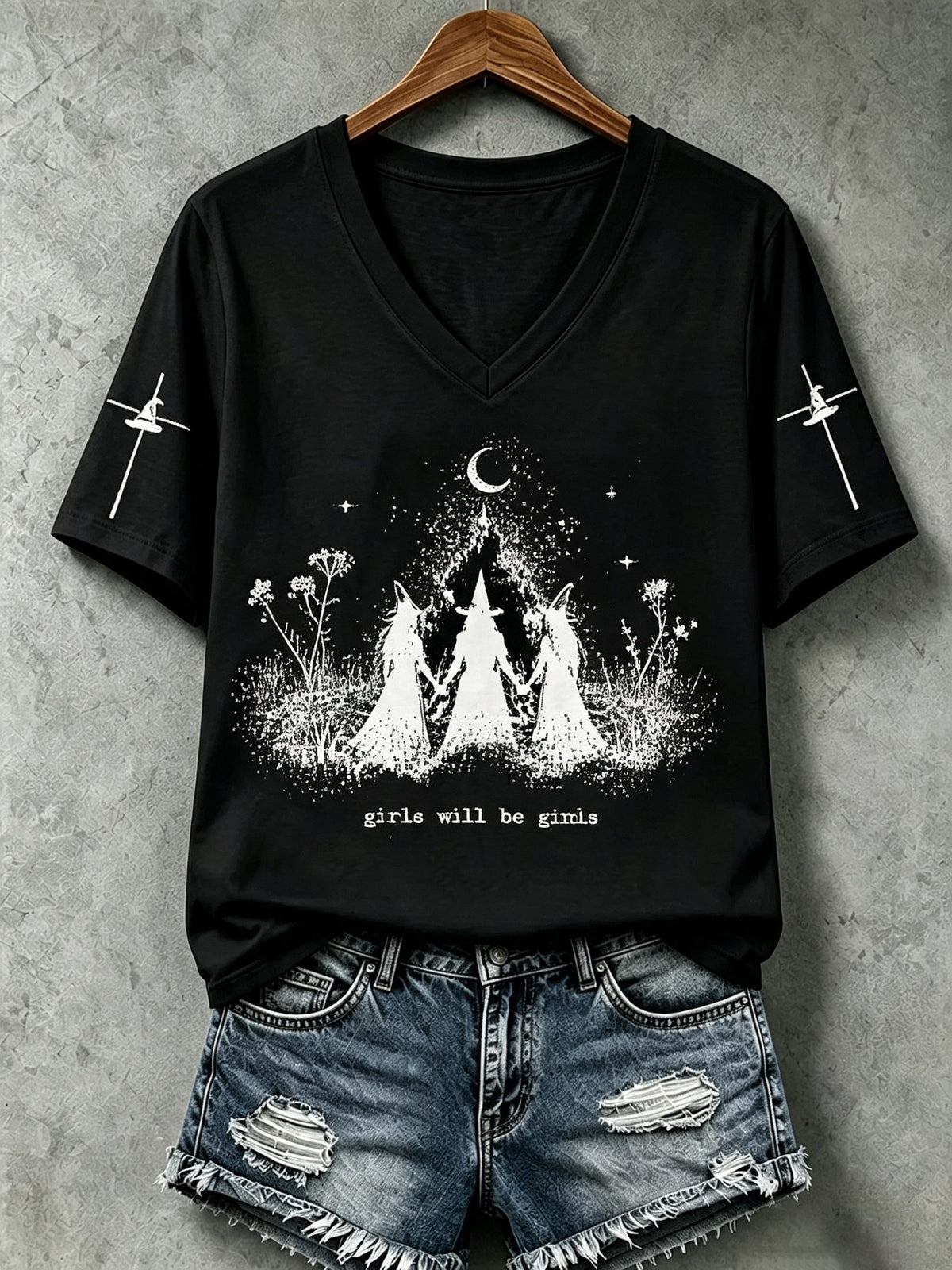 Women's Halloween Girls Will Be Girls Witch Print V Neck T-Shirt