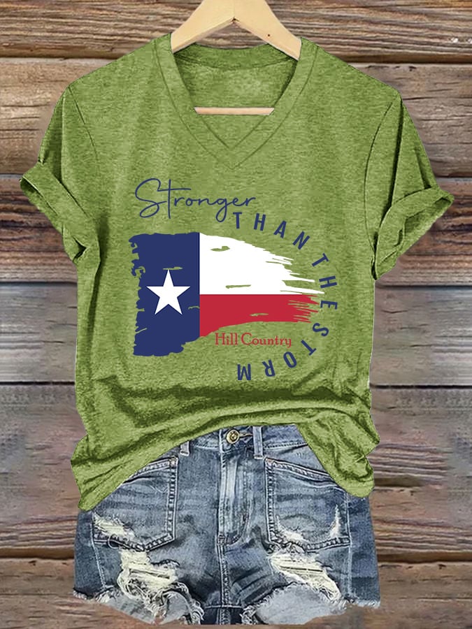 V-Neck Retro Texas Strong Hill Country Stronger Than The Storm Print T-Shirt