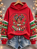 Black Women's Christmas-themed Printed Casual Hooded Sweatshirt