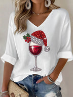 Women's Wine Glass With Santa Hat Print V Neck T-shirt