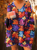 Women's Autumn Maple Leaves Art Print V-Neck Knit Sweater