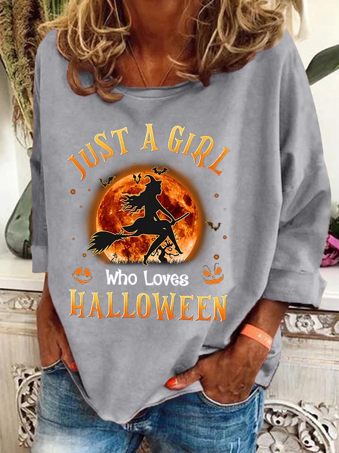 Women's Just A Girl Who Loves Halloween Printed Crew Neck Sweatshirt