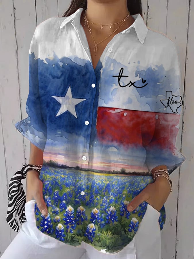 Women's God Bless Texas Print Casual Cotton and Linen Shirt