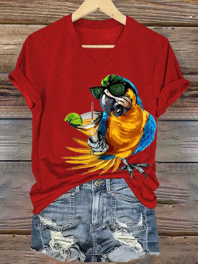 Women's  Funny Drinking Parrot Print T-Shirt