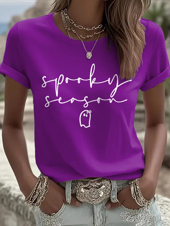 Women's Halloween Printed Round Neck T-Shirt