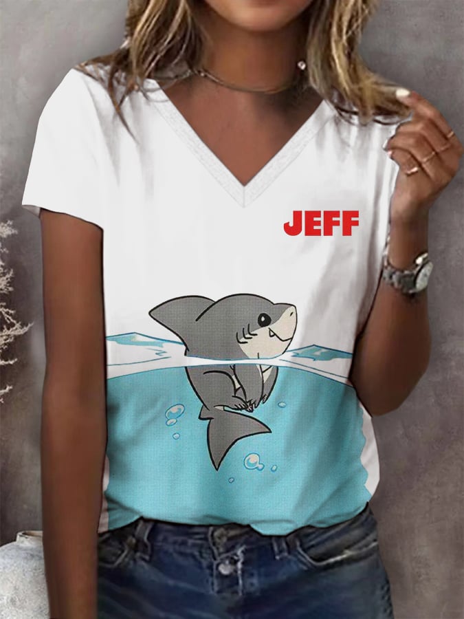 Women's Cute Great White Shark Print V-Neck Short Sleeve T-Shirt