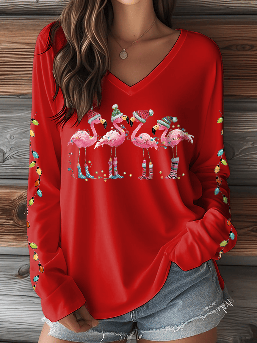 Women's Christmas Flamingo Print V-Neck Long Sleeve T-Shirt