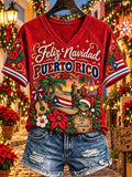 Women's Puerto Rico Christmas Print Casual T-shirt