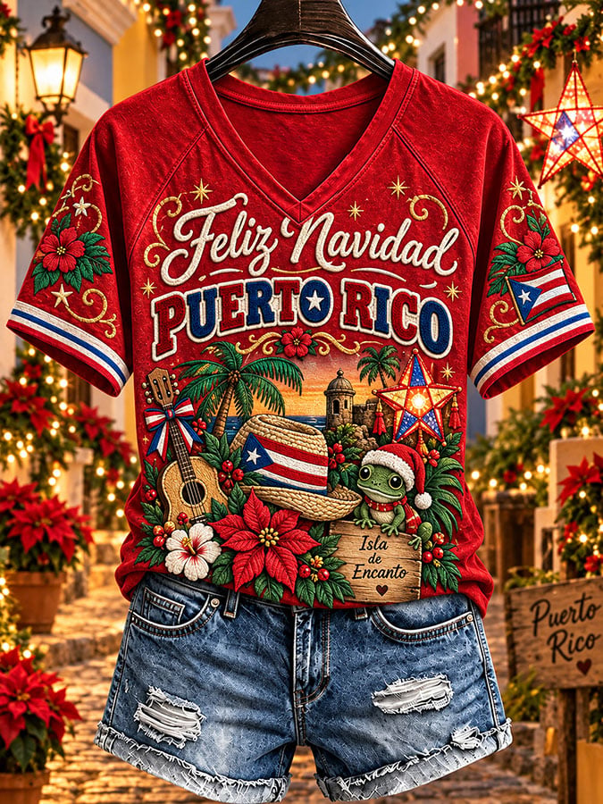 Women's Puerto Rico Christmas Print Casual T-shirt