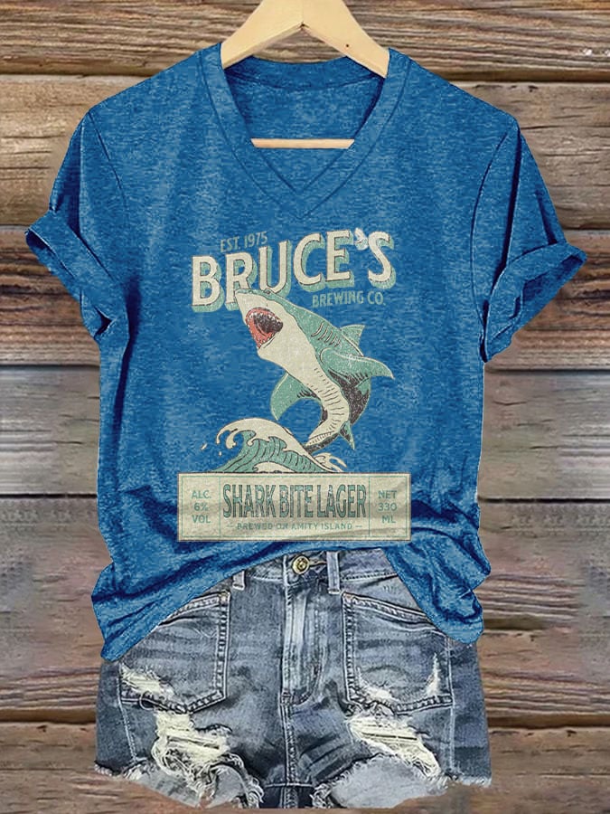 Women's Bruce's Brewing Co. Shark Bite Lager Print V Neck T-shirt