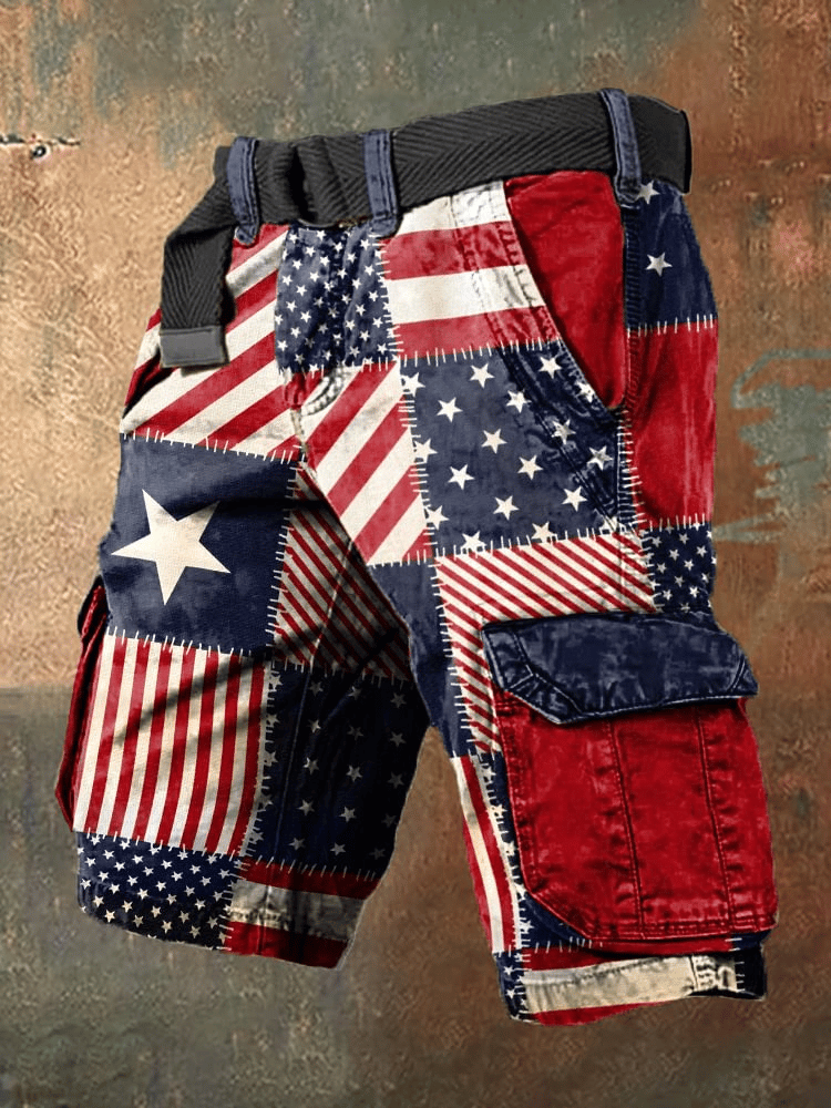 Man's Independence Day Flag Patchwork Patch Print Cargo Shorts
