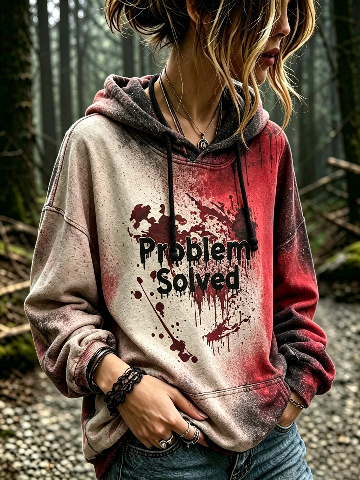 Women's Retro Bloody Problem Solved Halloween Art Pattern Print Hoodie