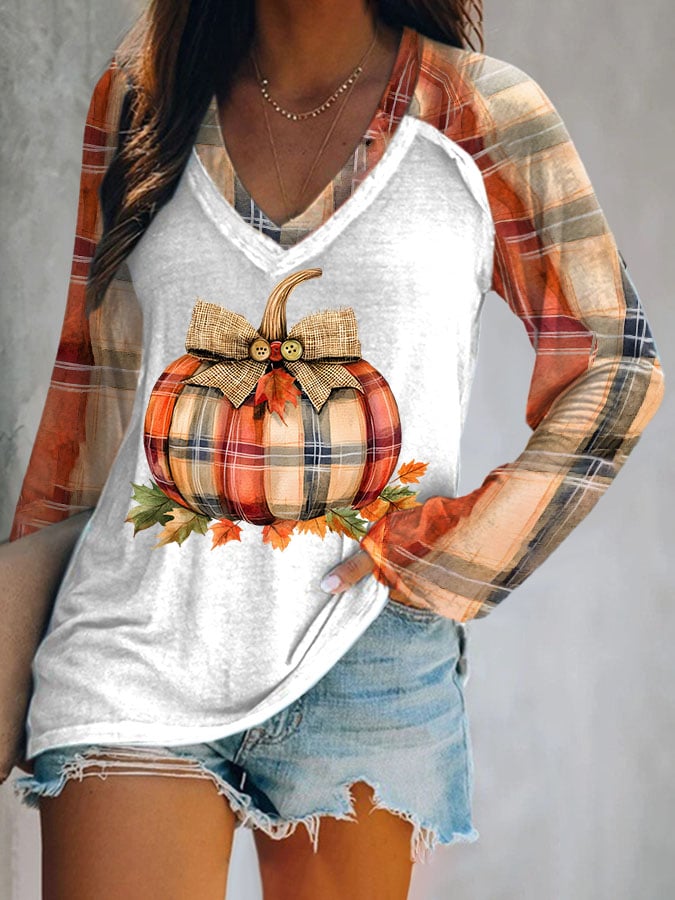 Women's Pumpkin Season Print Casual V-Neck Long-Sleeved T-Shirt