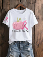 Women's In October We Wear Pink Breast Cancer Awareness Pink Ribbon Pumpkin Print T-Shirt