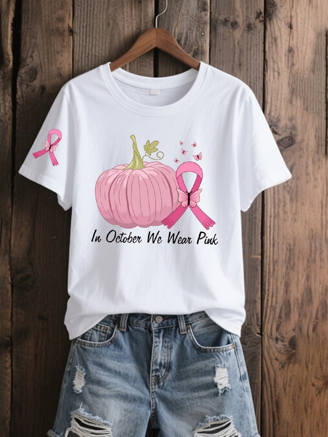 Women's In October We Wear Pink Breast Cancer Awareness Pink Ribbon Pumpkin Print T-Shirt