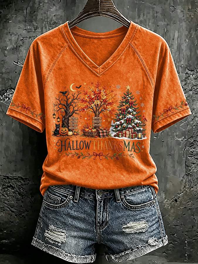 🔥🔥2nd 50% Off 🔥🔥V Neck Retro Happy Hallothanksmas Halloween Thanksgiving Christmas Print T-Shirt