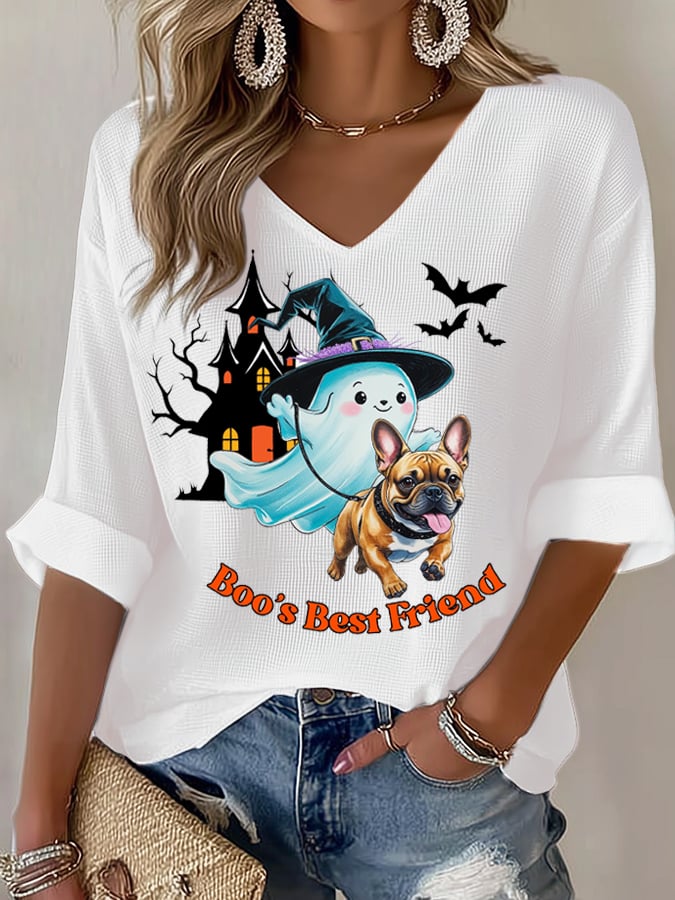 Dog Ghost Halloween Art Printed Long Sleeve Top