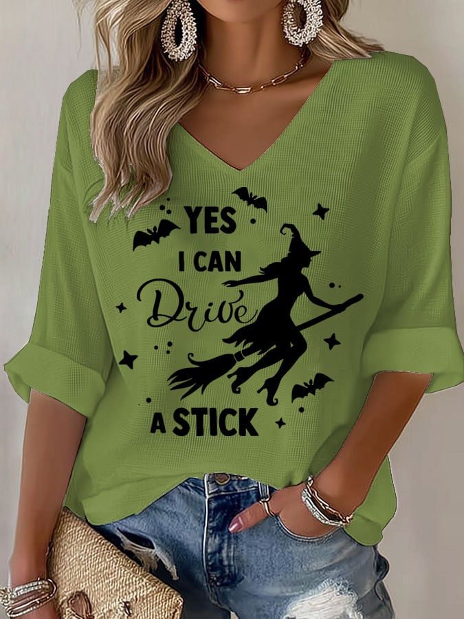 Women's Yes I Can Drive A Stick Print V Neck T-shirt